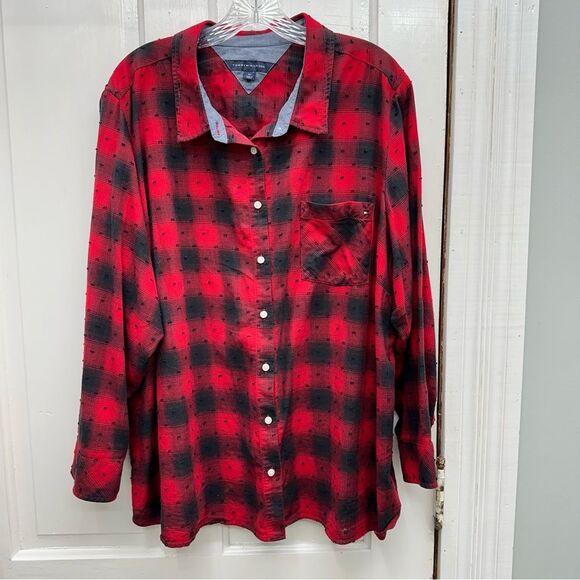 Tommy Hilfiger black red buffalo plaid long sleeve button down shirt women's 2x - Picture 1 of 5